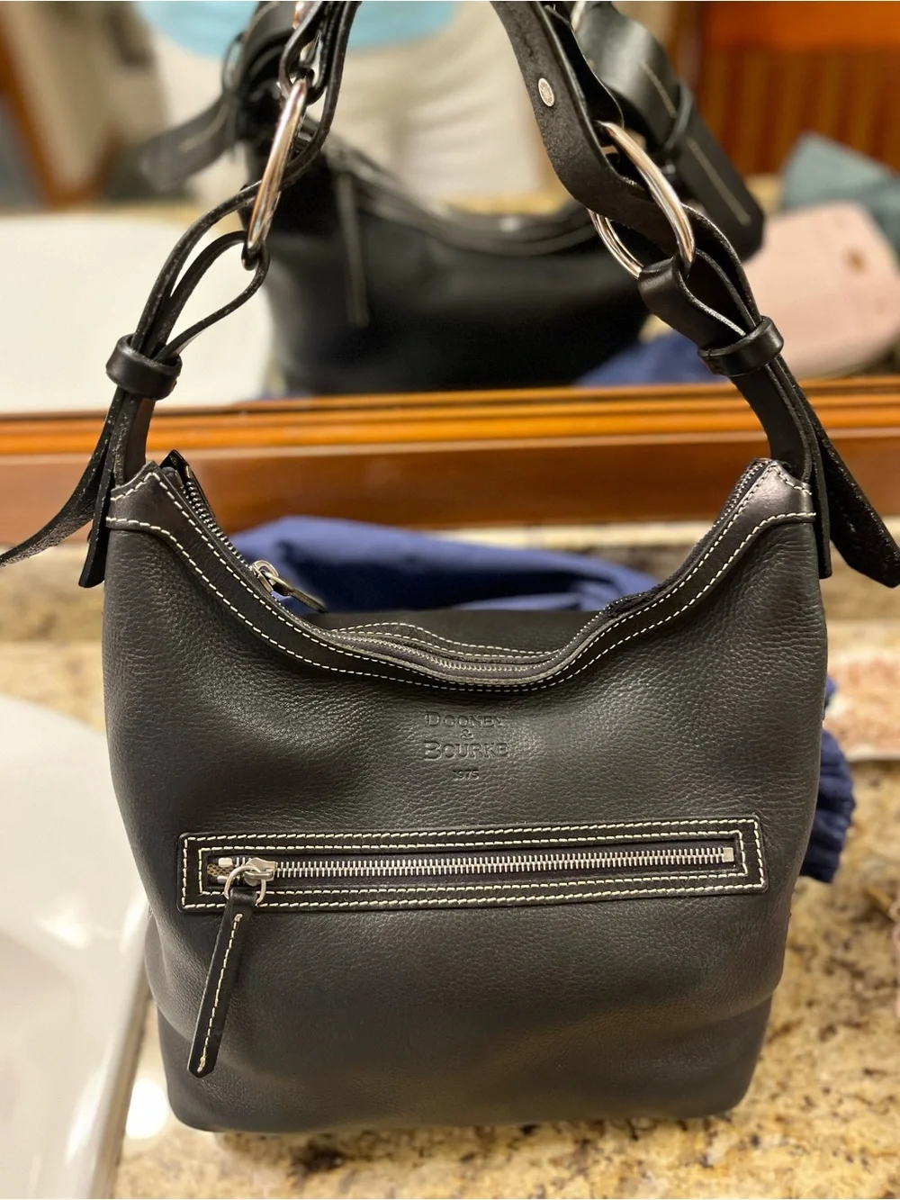 Dooney & Bourke Black Leather Pebble Hobo with Contrast Stitching